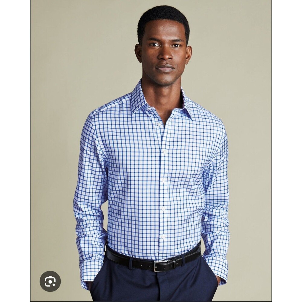 Charles Tyrwhitt Shirt Men 18 35 Blue White Check Plaid
